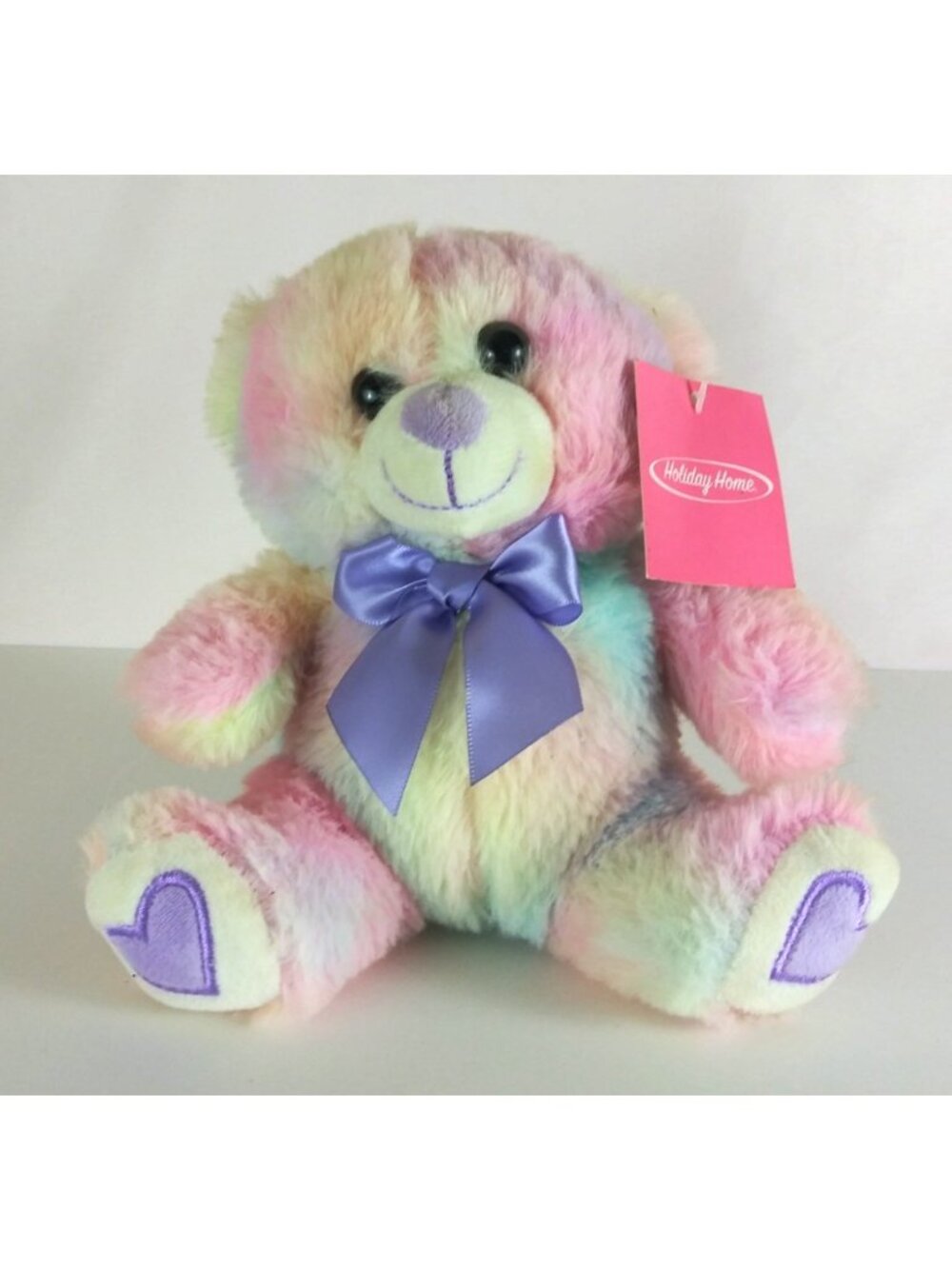 NWT Holiday Home Rainbow Teddy Bear With Heart Feet & Bow 7" Plush